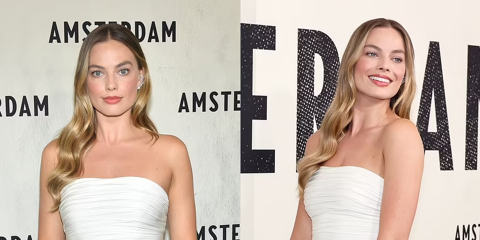 Margot Robbie exudes elegance in a layered strapless gown as she attends the star-studded premiere of Amsterdam in New York City