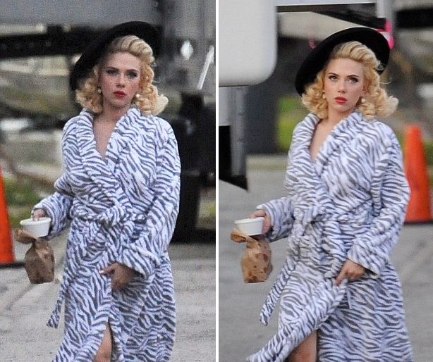 Glamorous Scarlett Johansson flashes a bit of leg while wearing a bathrobe as she takes a dinner break on set of new movie