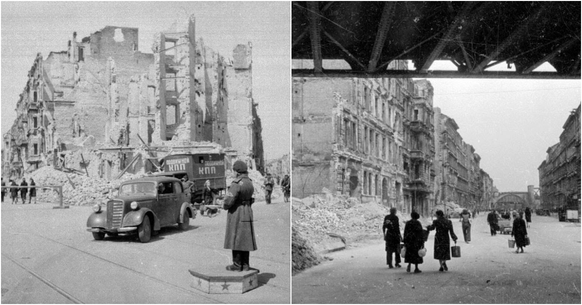 Schwarzweißfotos von Berlin in Trümmern im Jahr 1945