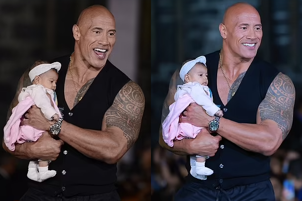 Dwayne 'The Rock' Johnson displays his incredibly toned physique in a black waistcoat as he cradles fan's baby at Black Adam event in Mexico