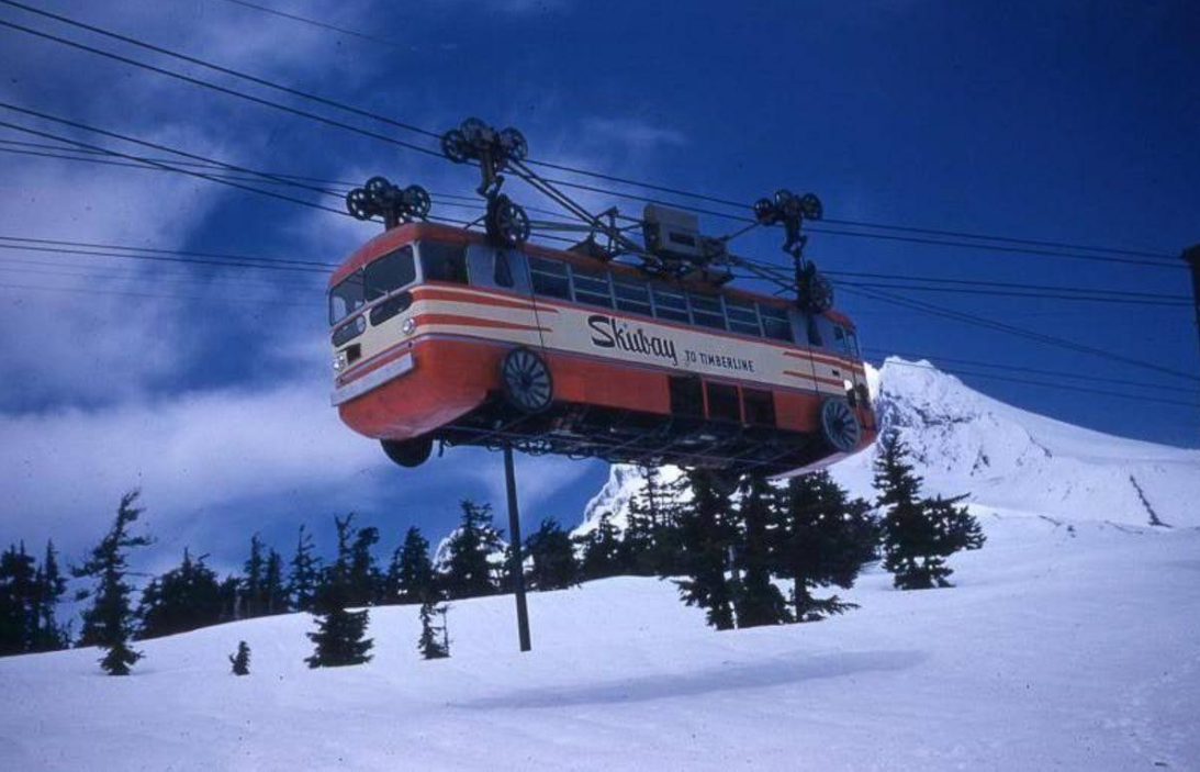 Photos of the unusual Skyway Skybus used on Mount Hood, Oregon in the 1950s
