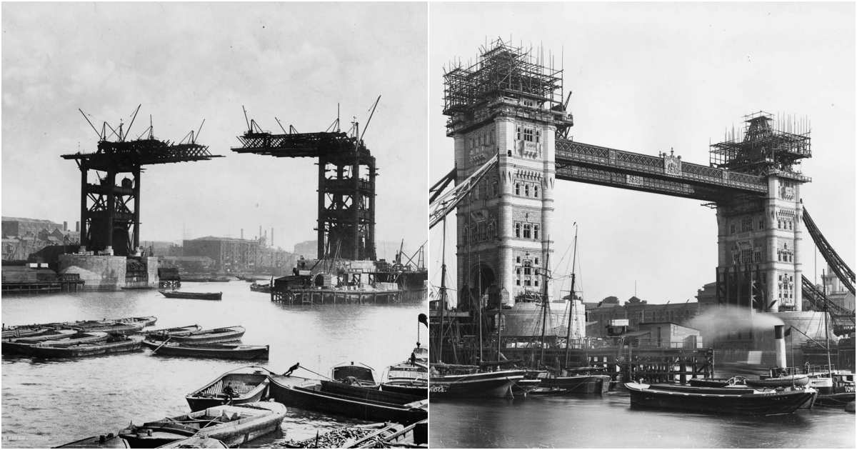The innovative construction of London's Tower Bridge seen in old photographs, from 1886 to 1895