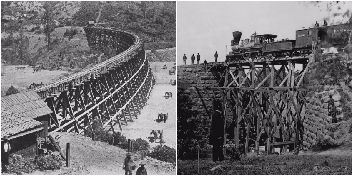 Timber Trestles - Captivating Historical Images Showcasing Timber Railroad Bridges from the 1850s-1900s.