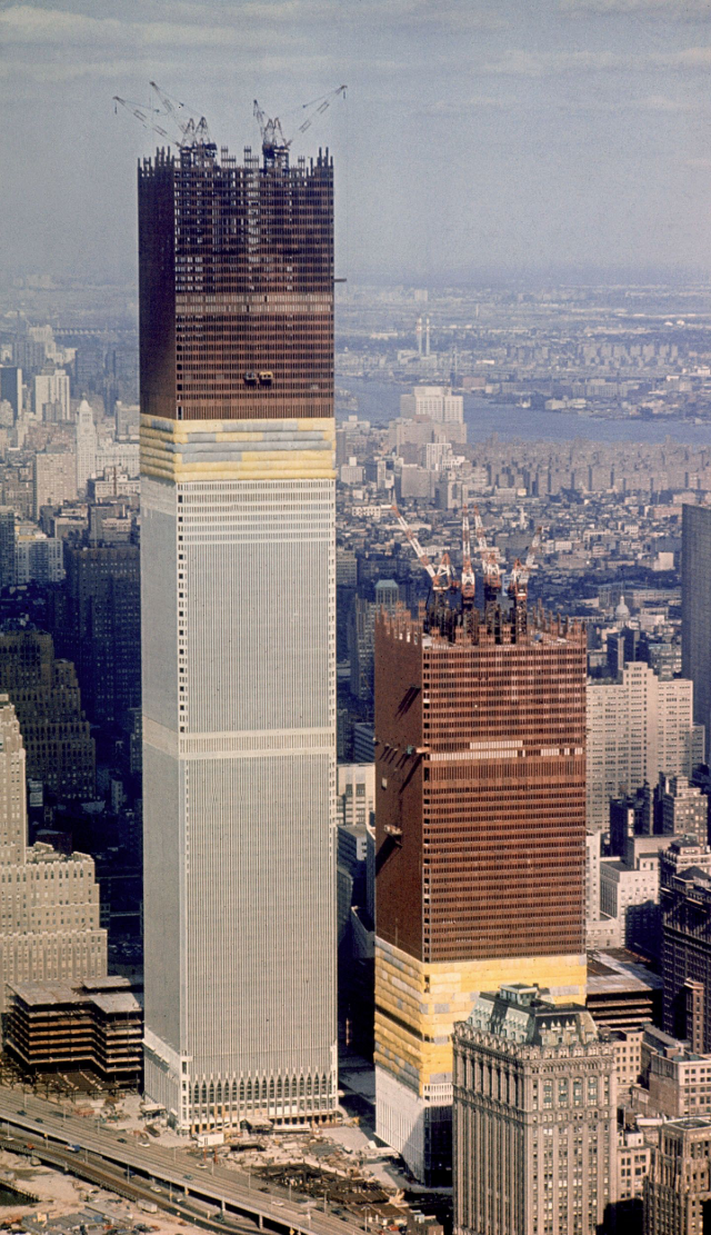 The iconic Twin Towers of the 1970s depicted in captivating photographs.