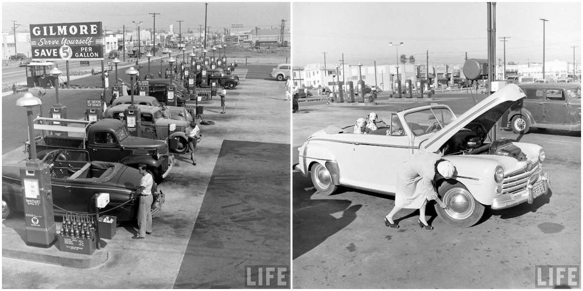 "Revolutionizing Refueling: Gilmore Oil's Gas-A-Teria Pioneers Self-Serve Stations in 1948 Los Angeles"