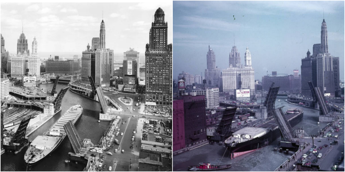 Stunning vintage photos of the Marine Angel vessel transiting the Chicago River, 1953