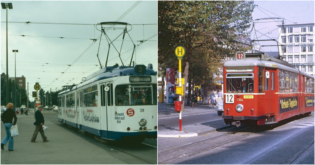 32 Farbfotos zeigen Straßenbahnen aus Deutschland in den 1970er Jahren