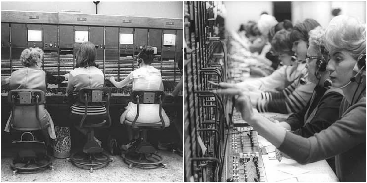 Schwarz-weiß Klassische Fotos von Frauen am Arbeitsplatz in Telefonzentralen