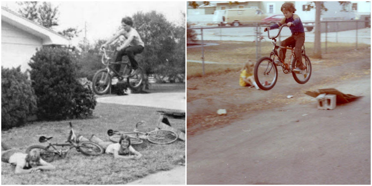 Vintage-Schnappschüsse von Kindern, die in den 1970er und 1980er Jahren mit ihren Fahrrädern hüpften