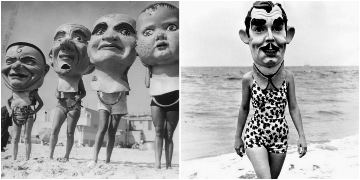 Women Posing With Giant and Creepy Masks From the Venice Beach Mardi Gras Festival in 1935