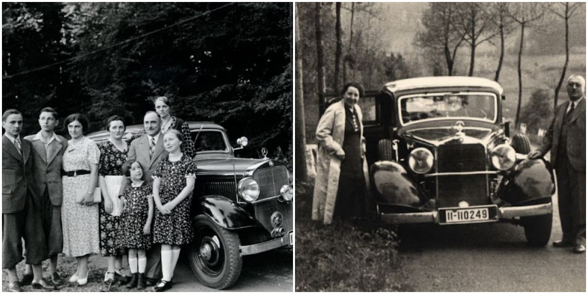 "Zeitlose Eleganz: Historische Fotografien von stolzen Mercedes-Benz-Besitzern neben ihren Fahrzeugen des frühen 20. Jahrhunderts"