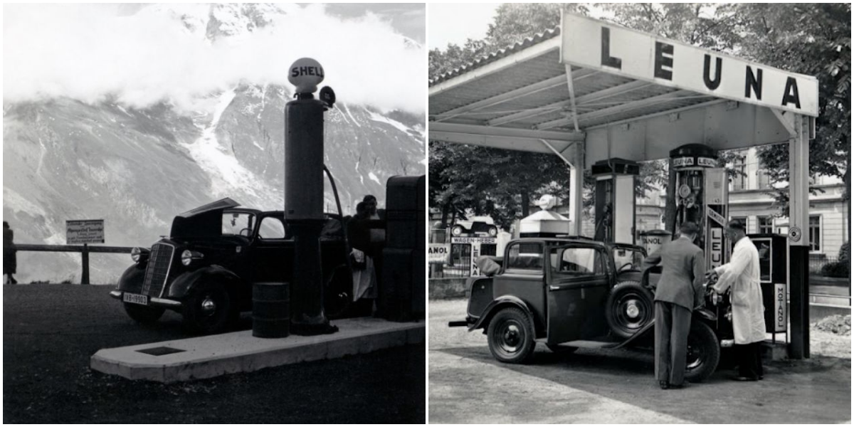 "Entdeckte historische Aufnahmen von Tankstellen aus den 1920er bis 1960er Jahren"