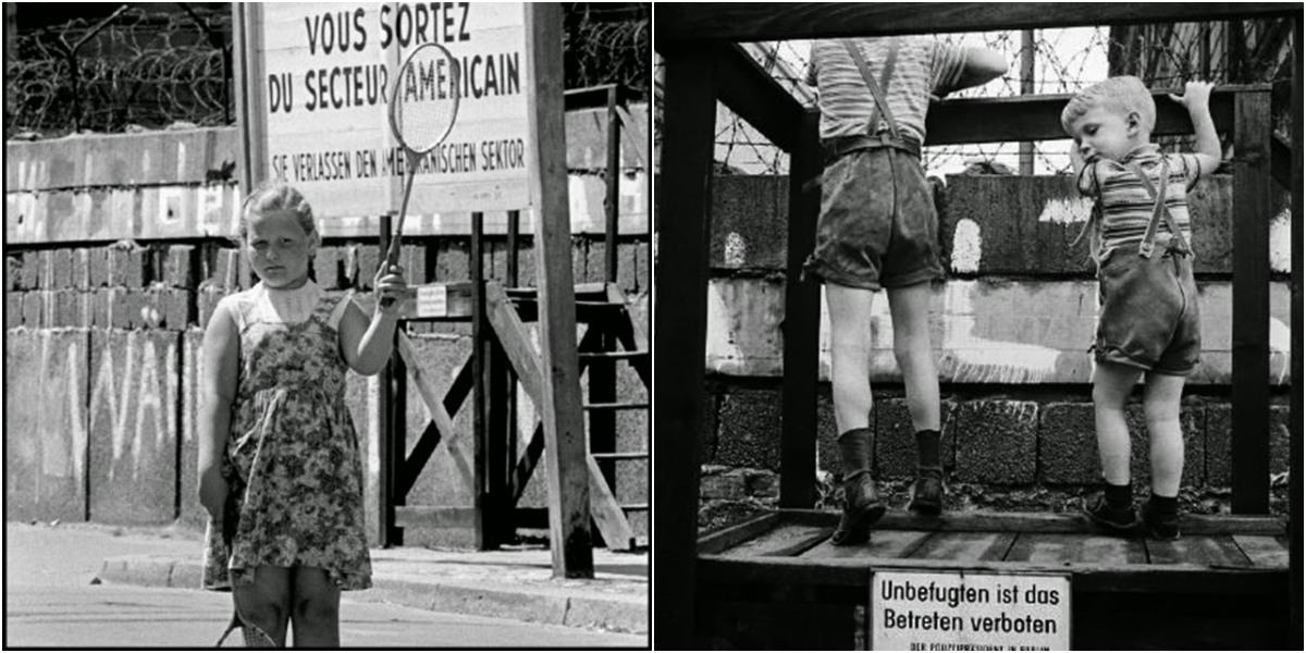 Emotionale Vintage-Fotos von spielenden Kindern an der Berliner Mauer im Jahr 1963